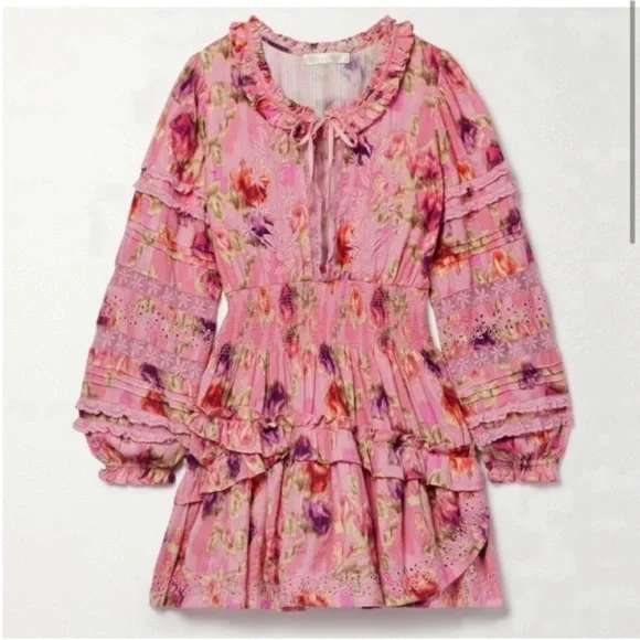 LoveShackFancy Pink Floral Tiered Midi Dress - Picture 4 of 15